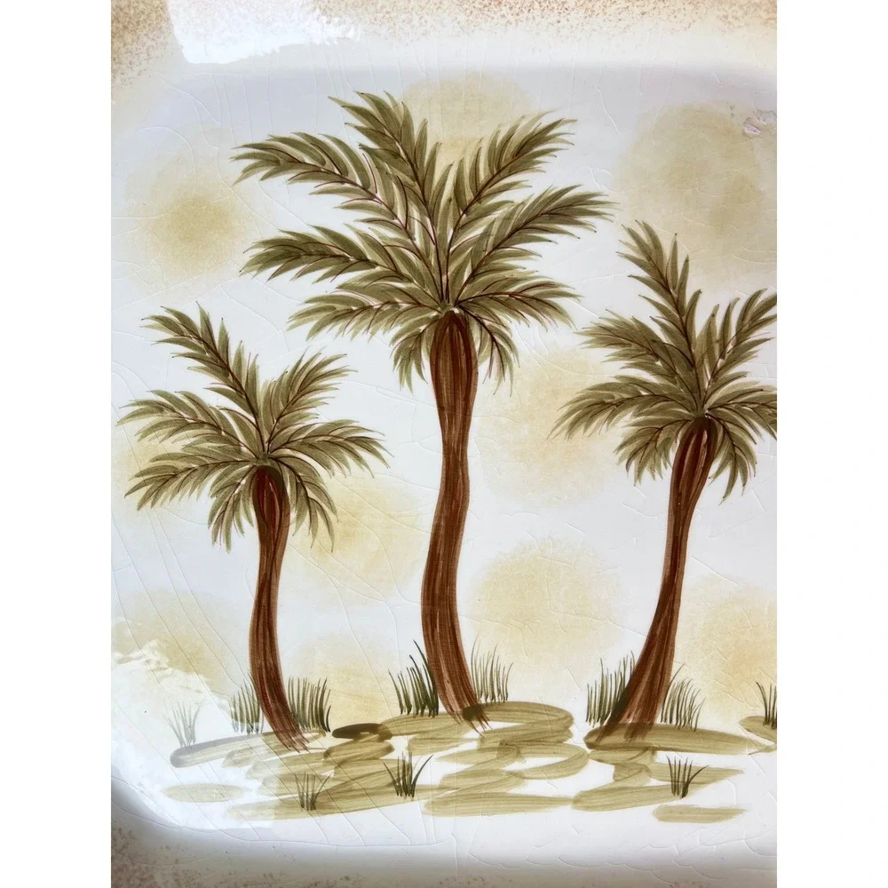 Today's Living Palm Tree Square Platter Faux Bamboo Rim Tropical Coastal 12in